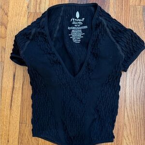 FP Movement by Free People Black Textured V-Neck Bodysuit
